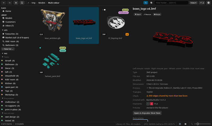 A folder of multi-colour 3MF models, with a red and black logo open in the viewer
