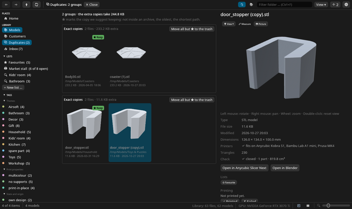 The duplicate finder with groups of identical models and the copy to keep