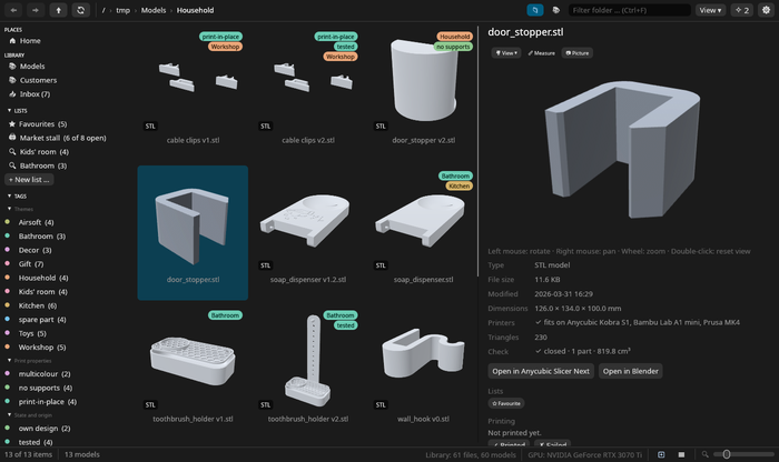 Meshgrove's main window: libraries, lists and tags on the left, a folder of models with tag chips, the door stopper selected with its 3D preview and facts on the right