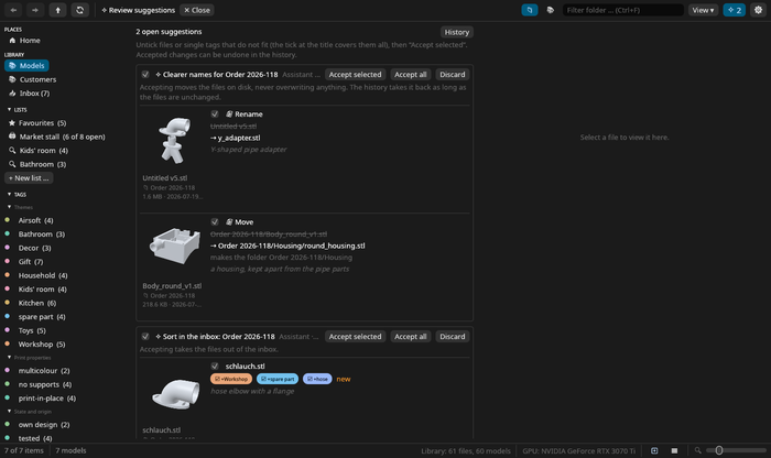 The review of AI suggestions: renames, a move into a new folder and tags, each with a tick